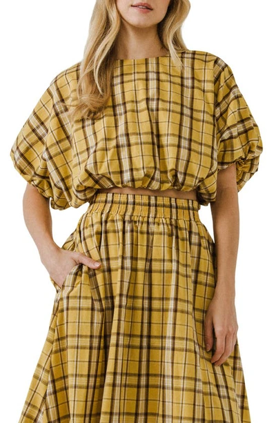 English Factory Plaid Puff Sleeve Crop Top In Yellow Multi