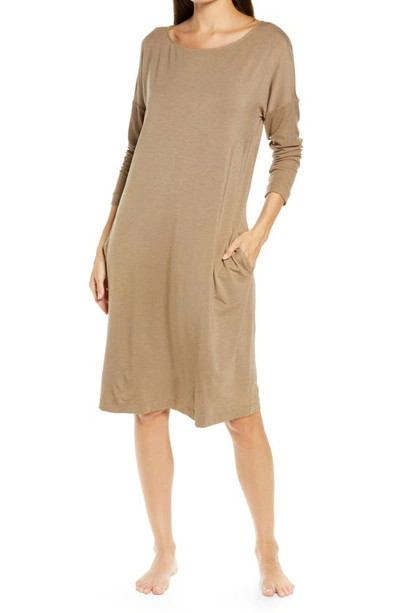 Hanro Natural Elegance Long-sleeve Nightgown In Khaki Melange