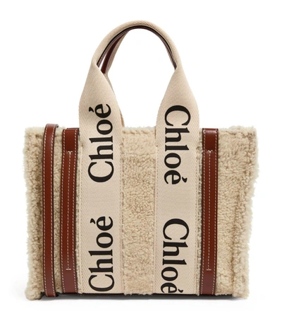 Chloé Small Shearling Woody Tote Bag In Beige