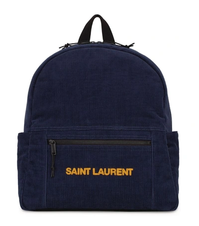 Saint Laurent Logo-embroidered Cotton-corduroy Backpack In Blue