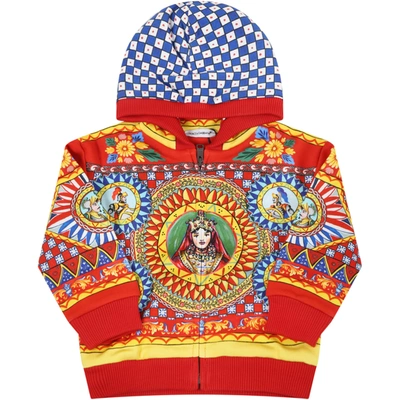 Dolce & Gabbana Red Sweatshirt For Baby Kids With Prints In Multicolor