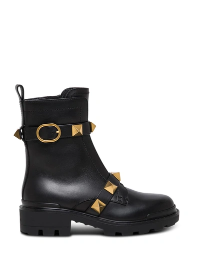 Valentino Garavani Combat Black Leather Boots With Antique Brass Studs In Nero