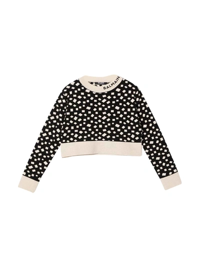 Balmain Kids' Black And Cream Geometric Print Sweatshirt In Panna+nero