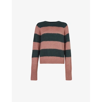 Allsaints Womens Moss Green/ros Lou Striped-print Crewneck Jumper Xs In Moss Green/ros