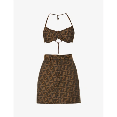 Liberty Rose Monogram-print Upcycled-jacquard Skirt And Bikini Set In Brown Print