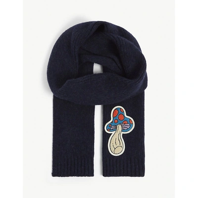 Howlin' Mushroom Graphic-embroidered Wool Scarf 150cm X 20cm In Navy