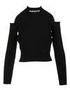 BARROW WOMAN BLACK RIBBED SWEATER WITH LOGO AND OFF SHOULDERS,030058 110