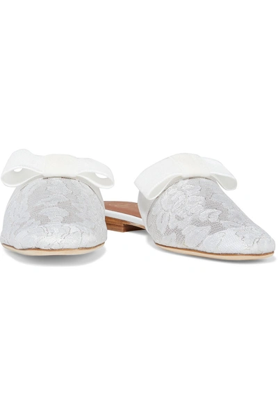 Malone Souliers Mae Bow-embellished Metallic Corded Lace Slippers In White