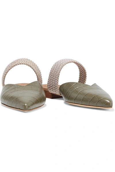 Malone Souliers Maisie Braided Cord And Croc-effect Leather Slippers In Army Green