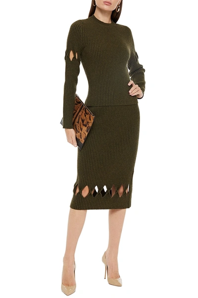 Victoria Beckham Cutout Ribbed Wool-blend Sweater In Army Green