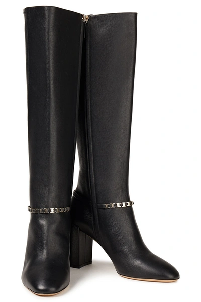 Ferragamo Triba 85 Chain-trimmed Leather Knee Boots In Black