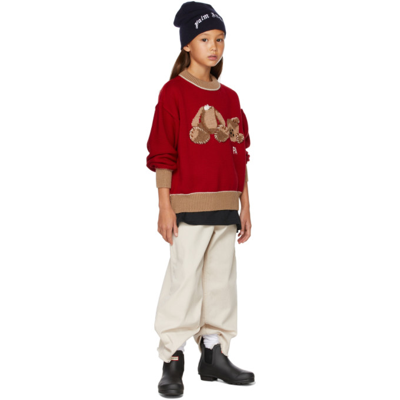 Palm Angels Kids' Wool Sweater With Teddy Bear Front Print In Red