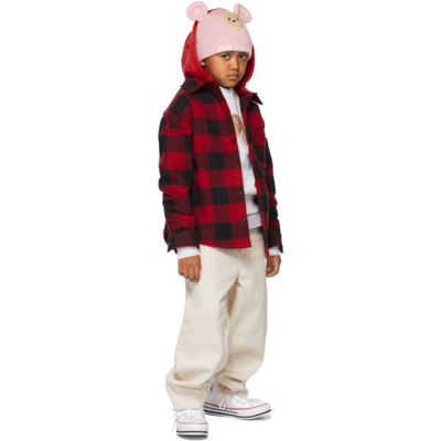 Palm Angels Boy's Contrast Logo Check Hooded Shirt In Red