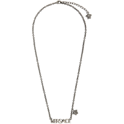 Versace Logo Lettering & Medusa Charm Necklace In Ruthenium