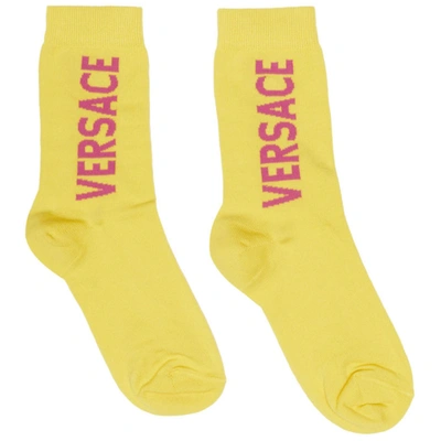 Versace Yellow & Pink Logo Socks In 2y180 Yellow/fuchsia