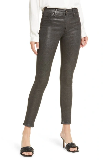 Ag The Farrah High Waist Ankle Skinny Faux Leather Trousers In Luminous Gunmetal