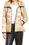 Sam Edelman Iridescent Water Repellent Hooded Puffer Jacket In Cashmere Beige