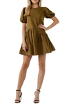 English Factory Puff Shoulder Mixed Media Minidress In Olive