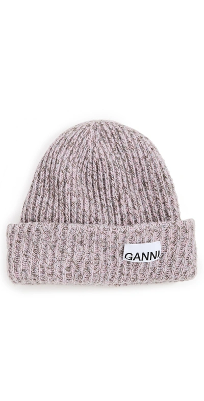 Ganni Ribbed Logo Patch Beanie In Pink,khaki