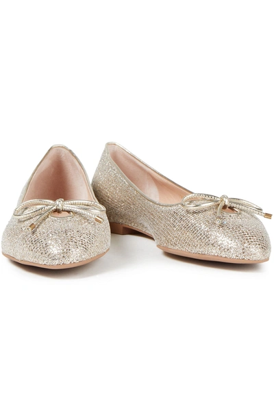 Stuart Weitzman Gabby Bow-embellished Glittered Lurex Ballet Flats In Metallic