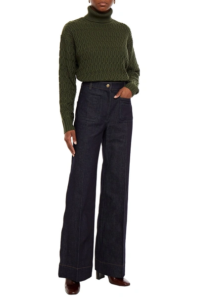 Victoria Beckham Cable-knit Merino Wool Turtleneck Sweater In Army Green