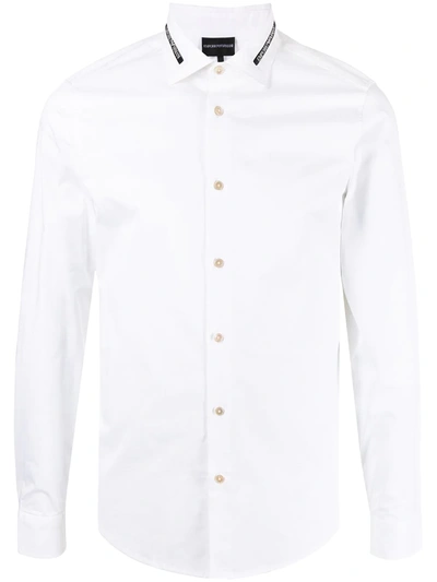 Emporio Armani Shirt With Polo-style Collar With All-over Jacquard Lettering In White