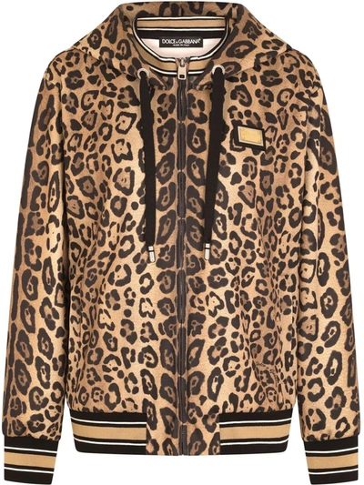 Dolce & Gabbana Zip-up Jersey Hoodie With Leopard Print In Leo Ingrand Marrone