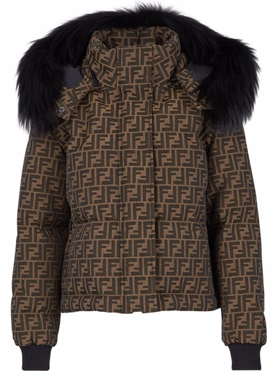 Fendi Monogram Canvas Puffer Jacket W/ Detachable Fur Hood In Brown