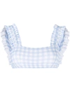 Ephemera Light Blue Gingham Ruffle-trimmed Bikini Top In Blue