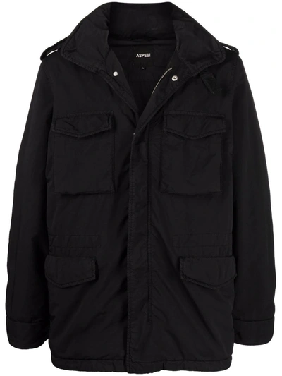 Aspesi Cargo-pocket Hooded Coat In Schwarz