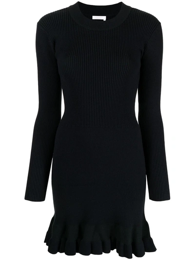 See By Chloé Ruffled Ribbed-knit Mini Dress In Schwarz