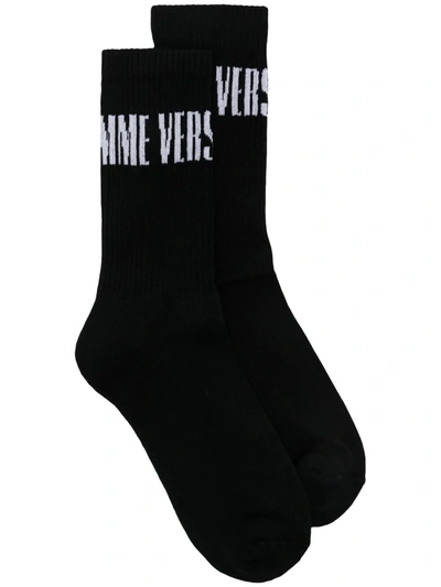 Versace Logo Print Ribbed Socks In Black