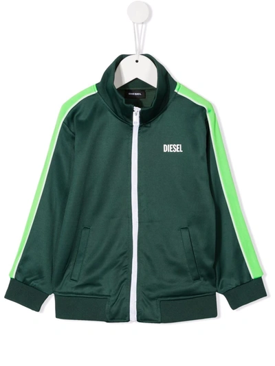 Diesel Kids' Logo-print Zip-up Track Jacket In Green