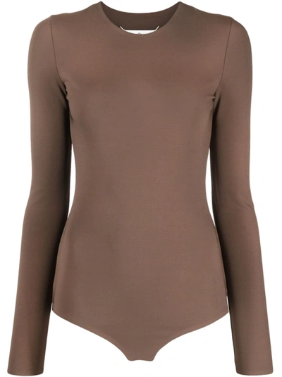 Maison Margiela Stretchy Tight Fit Long Sleeve Bodysuit In Brown