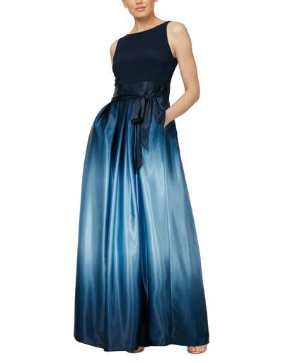Sl Fashions Petite Long Ombre Satin Dress In Navy,light Blue