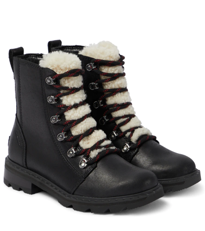 Sorel Lennox Leather And Shearling Combat Boots In Black, Nocturnal Red