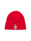 Moncler Men's Tight Knit Beanie Hat W/ Logo Patch In Red