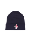 Moncler Men's Tight Knit Beanie Hat W/ Logo Patch In Blue