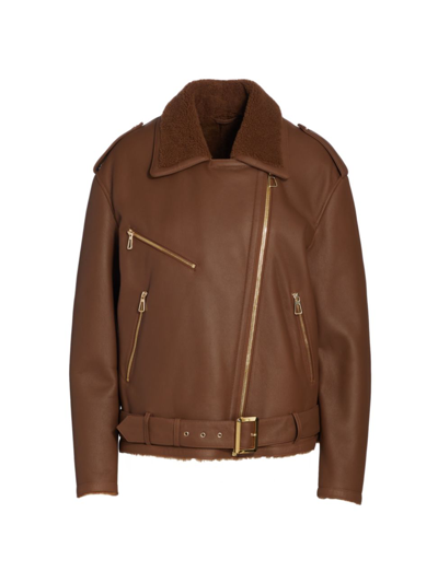 The Fur Salon Leather Shearling-lined Moto Jacket In Chestnut