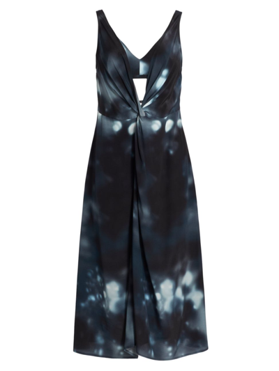 Deveaux Women's Renada Printed Silk Midi Dress In Steel Blue