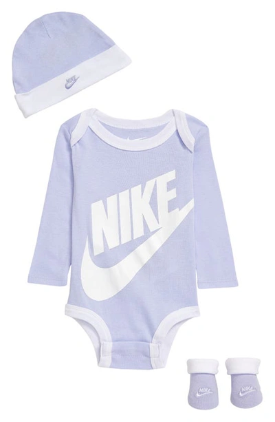 Nike Babies' Futura Logo Graphic Bodysuit, Beanie & Socks Set In Plum