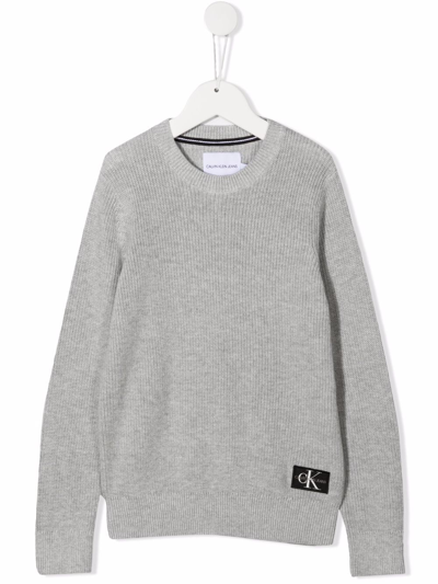 Calvin Klein Kids' Logo-patch Ribbed-knit Jumper In Grey