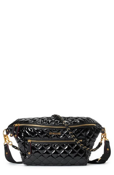 Mz Wallace Crosby Patent Quilted Sling Belt Bag In Black Lacquer Crosby/gold