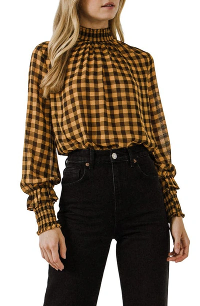 English Factory Checkered Mock Neck Long Sleeve Blouse In Yellow/ Black