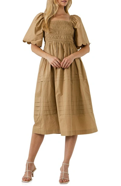 English Factory Scallop Detail Midi Dress In Tan