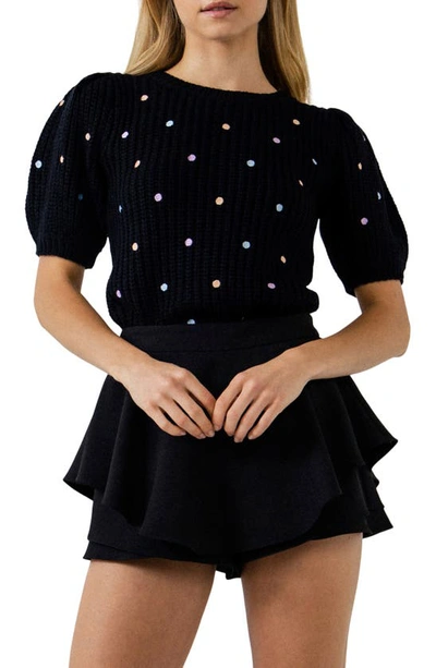 English Factory Dot Embroidered Short Sleeve Sweater In Black