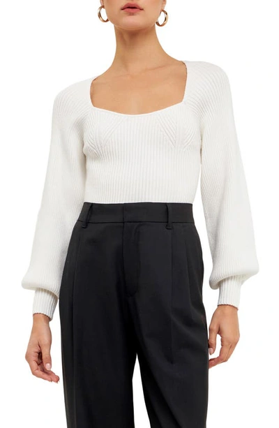 Endless Rose Square-neck Bishop-sleeve Knit Top In White