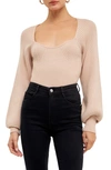 Endless Rose Square-neck Bishop-sleeve Knit Top In Beige