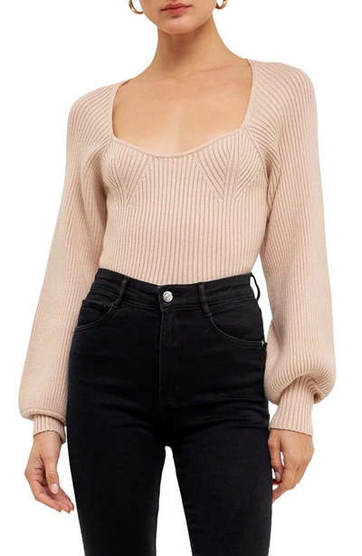 Endless Rose Square-neck Bishop-sleeve Knit Top In Beige