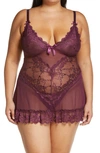 Oh La La Cheri Valentine Soft Cup Babydoll Chemise & G-string Thong In Italian Plum